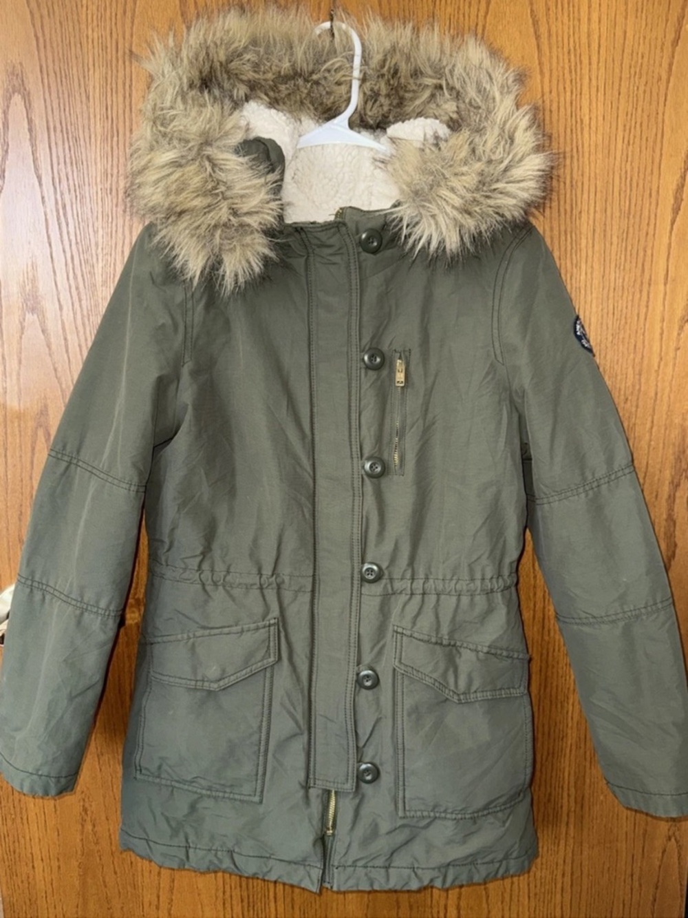 American Eagle Utility Parka Jacket Coat Faux Fur Hood Sherpa Olive Green Sm